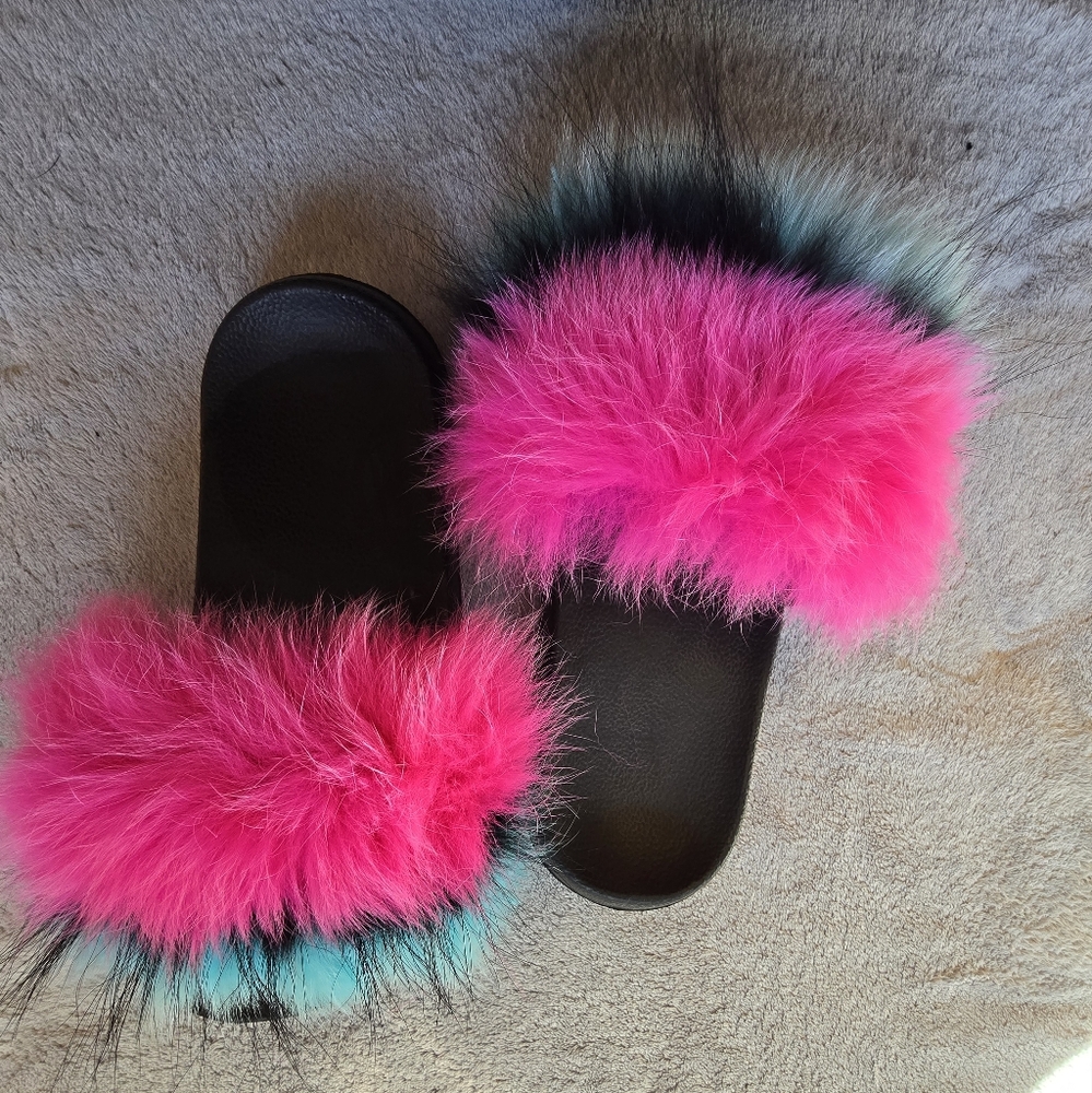 Fuzzy Pink and Black Slides